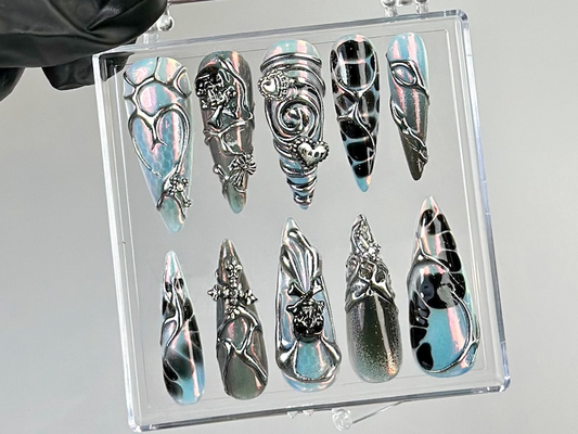 Gothic Black Chrome Press On Nails Cyberpunk 3D Press Ons Holographic 3D Fake Nails Gothic, Y2K, Dark Nail Art Gothic NailsOC773YC
