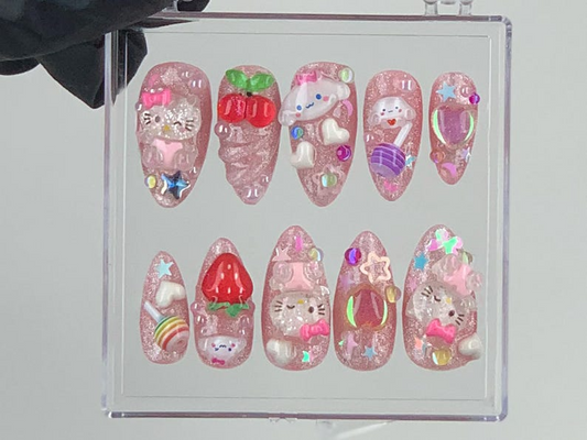 Cute 3D Cartoon Press-On Nails Kawaii Glitter Pink Nail Art Hello Kitty And Strawberry Themed Acrylic Nails Nail CharmsCustom|OB575Y