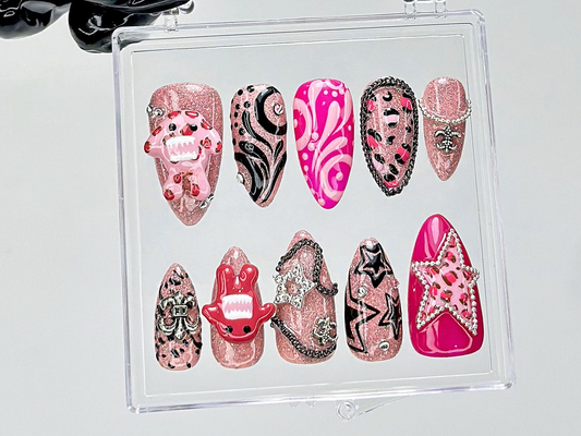 Cute Monster 3D Press On Nails Pink Glitter Punk Fake Nails Hot Pink Y2K Nail ArtIndie Star Punk Kawaii NailsAlt Star ChainOB929YC