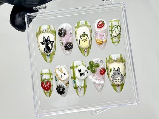 My Neighbor Totoro Press On Nails Kawaii Ghibli Fake Nails Totoro, Jiji, Soot Sprites Nail Art Trendy Cartoon Kawaii Nails OB909YC