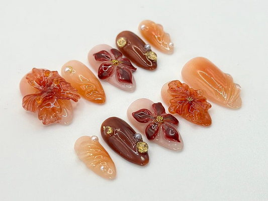 Autumn-Inspired Press On Nails Warm Tones & Gold Accents Handcrafted Fall Nail Art Set3D Floral Nails Fall Collection|OB544HC