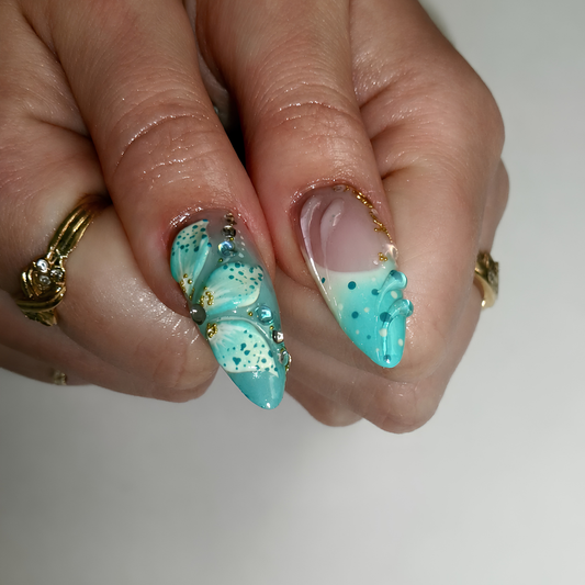 Luxury Mermaid Press On Nails, Gold Chrome Mint Stiletto Fake Finger, 3D Seashell Ocean