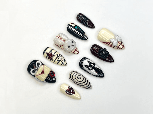 Creepy Cute Press On Nails Gothic Mask And Bunny Nail Art 3D Bow & Spiral Nails Handmade Halloween Nail Set