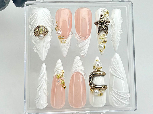 Pearl Starfish Shell Press On Nails by dorynail Ocean Theme 3D Press Ons Mermaid Bride Fake Nails Pearl Bridal Nail Art OC849YC