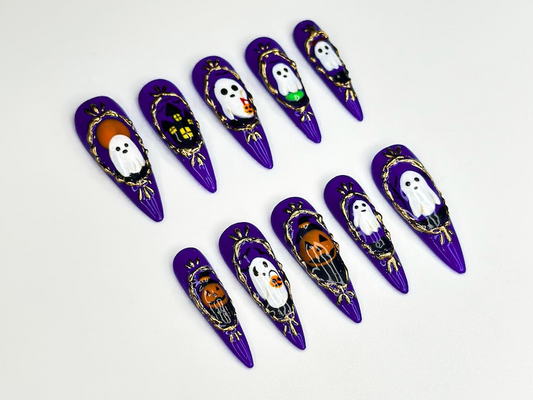 Purple Gothic Halloween Press On Nails, Ghost & Pumpkin Halloween Nail Design, Haunted