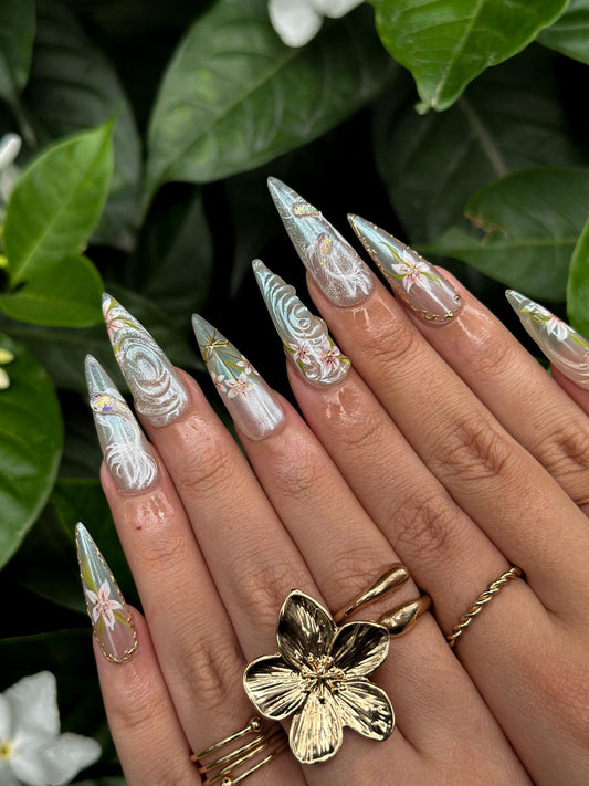 Ethereal Floral Press On Nails, Pearl Chrome Stiletto Nails, 3D White Flower Nails, Luxury