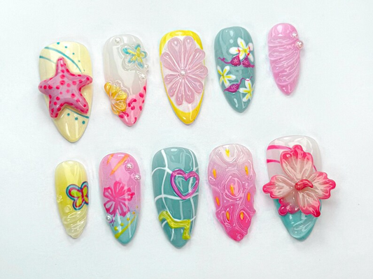 Tropical Summer Press-On Nails Bright Pink & Yellow Nail Art Summer Inspired Nail Design Cute Beach Nail Set Tropical VibesOB738HC