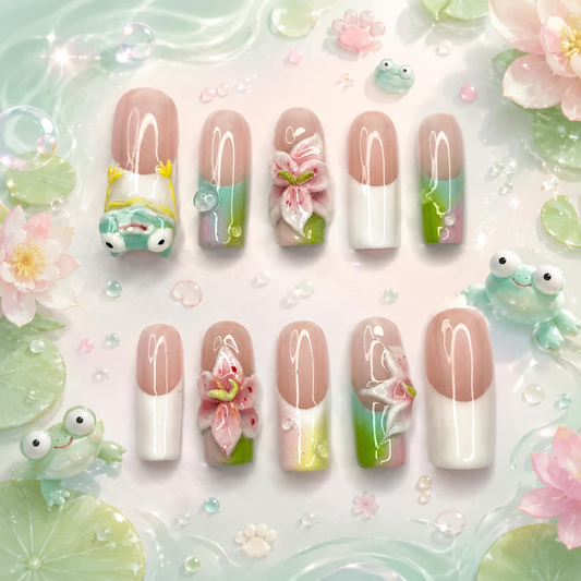 Handmade Frog Press On Nails, Fairy Garden Nails with 3D Flowers, Cute Cottagecore Gift