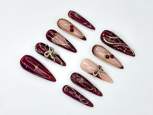 Wine Red Fall Press On Nails Burgundy & Gold Nail Art Autumn Holiday Nails Handmade Glam Nail Set Elegant Long Nails