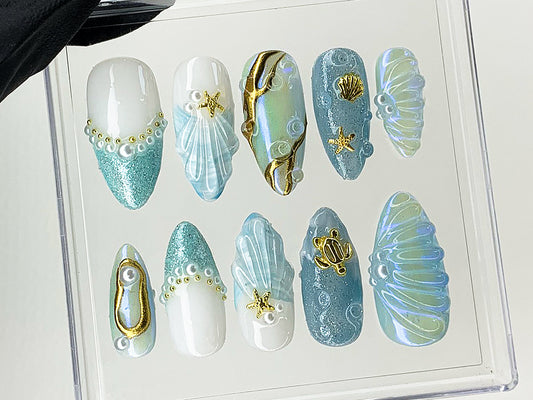 Mermaid Ocean Press On Nails, Blue Ocean-Inspired Designs with Glittery Oceanic, 3D