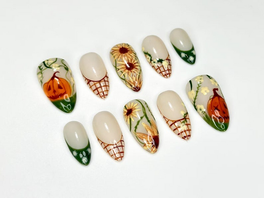 Autumn Pumkin Press On Nails, Pumpkin Sunflower Nail Art, Fall Rustic Farm Nails, Handmade