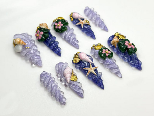 Mermaid Shell Spiral Press On Nails Ocean-Inspired 3D Nail Art Seashell Starfish Lilac Nails Fairycore Beach Nail Set OB861H
