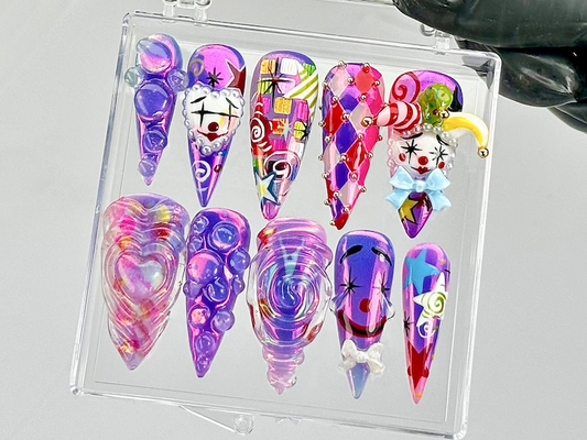 Carnival Clown Press On Nails by DoryNails 3D Swirl & Mask Fake Nails Harlequin 3D Nail Art Bold Clowncore Acrylic Nails