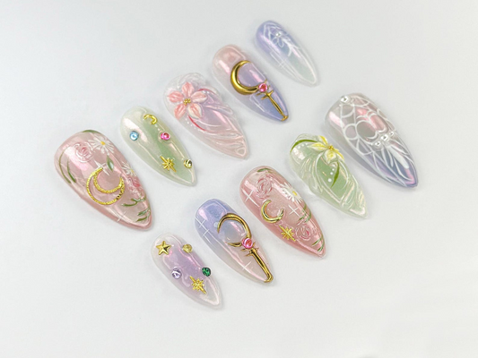 Sailor Moon Press On Nails Pastel Magical Girl Nail Art Iridescent Anime Design Kawaii Anime Press On Handmade Cosplay NailOB746HK