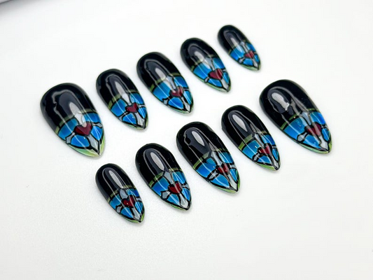 Stained Glass Heart Press On Nails Blue Black Gothic Nail Art Hand Painted Window Glass Design Red Heart Accent Nails