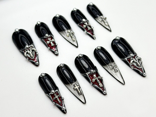 Gothic Cross Tip Press On Nails Vampire Red & Black Nails Gothic Triangle Accent Nails Religious Symbol Nails Dark Glam Nail| OC865H