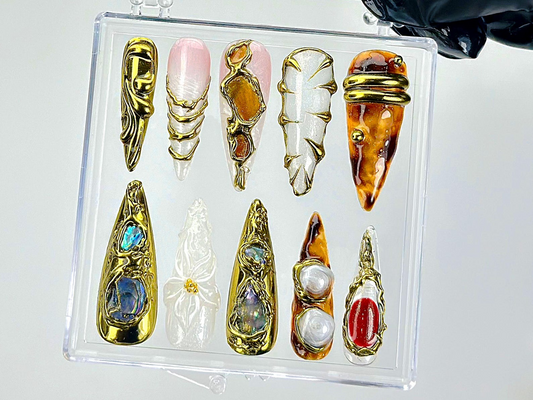 Gold Sculpture Press On Nails Abstract Luxury Fake Nails Metallic Stone Look Nail Art Gold Detail Acrylic NailsLuxury NailsOB905YC