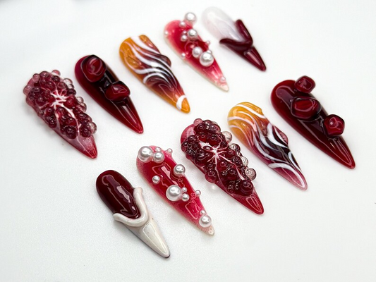 Pomegranate Lava Press On Nails Deep Red Chrome Fruit Nails 3D Pearl Fire Nail Art Garnet Gradient Press Ons Artistic Red OB858H