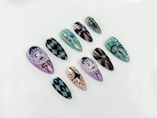 Harlequin Masquerade Halloween Press On Nails, Diamond Pattern & 3D Face Nail Art