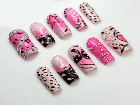 Pink Y2K Leopard Press On Nails Rhinestone Star Design Heart & Animal Print Nails Bold Pink Chrome Nail Art| Trendy Y2K Nails