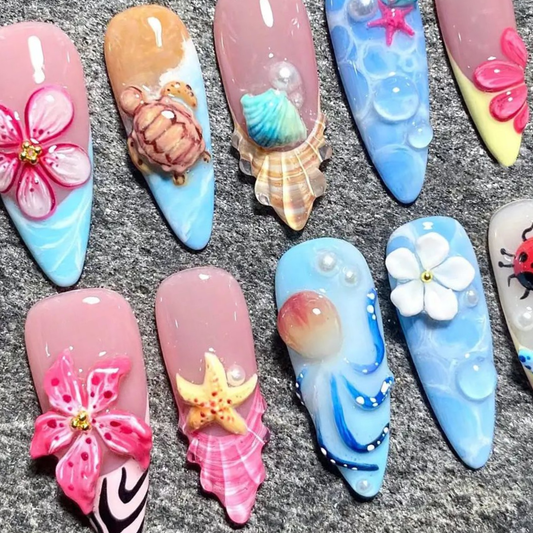 3D Shark Ocean Press On Summer • Blue Sea Animal Nails • Dolphin Whale Shark Nails •