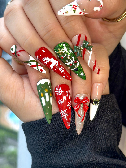 Cozy Knit Christmas Press On Nails Red Green Holiday Nail ArtFestive Tree & Ribbon Design