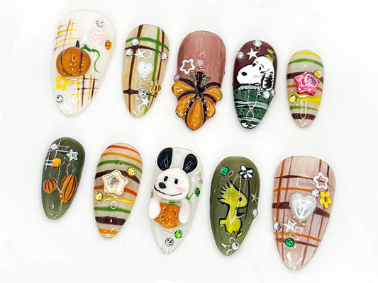 Cute Autumn Press-On Nails| 3D Cartoon & Rustic Style Hand-Painted Nail Art Unique Fall Nail Art Autumn-Themed Press-On Nails|OB588LC