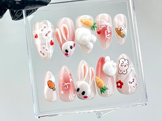 Bunny-Easter Almond Nails Bunny Ears & Carrot Nail Art Cute Animal Fake Nails Adorable 3D Pink False Nails Kawaii Nails OB728YC