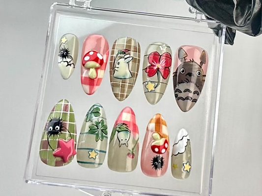 Studio Ghibli Inspired Almond Nails Totoro & Nature Nail Art Kawaii Ghibli Fake Nails Studio Ghibli Theme False Nails OB726YC