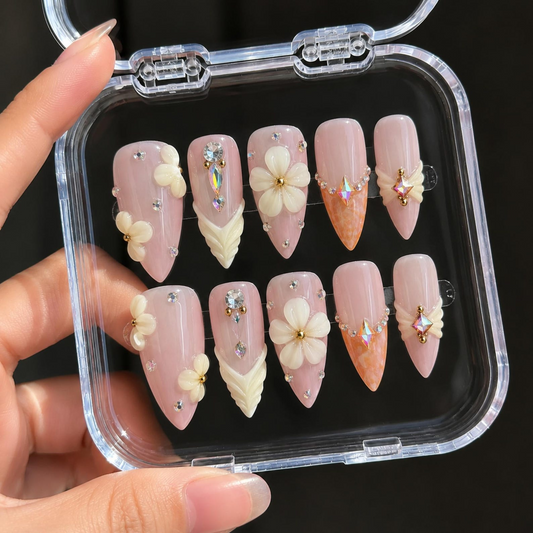 Blush Pink Floral Press On Nails, 3D Flower Nails, Elegant Bridal Nails, Luxury Nude
