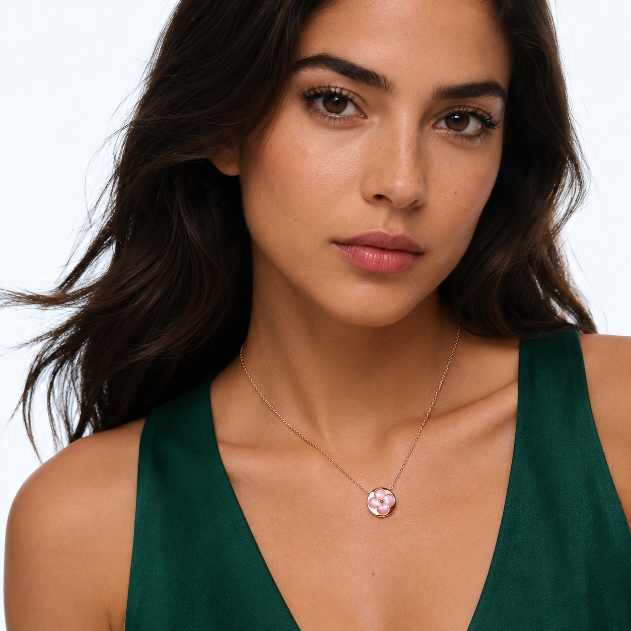 Rose Blossom Inlay Round Pendant Necklace