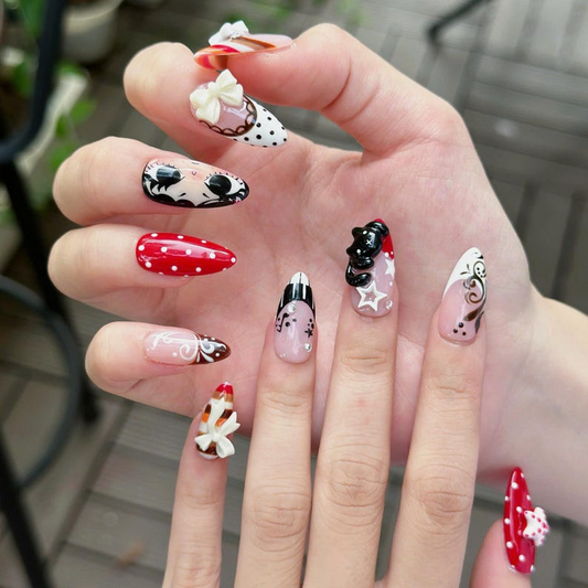 Coquette Press On Nails with Teddy Bear & Ribbon, 3D Vintage Fake Nails in Almond Shape