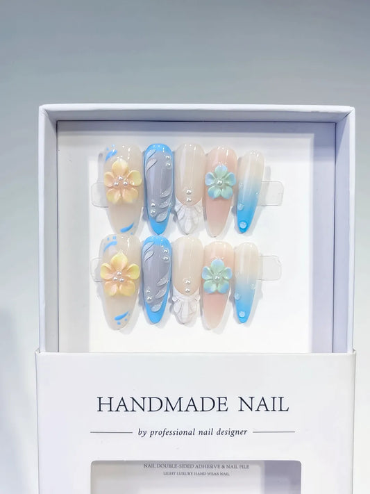 Long Nude Blue Almond French tip Flower Rhinestone