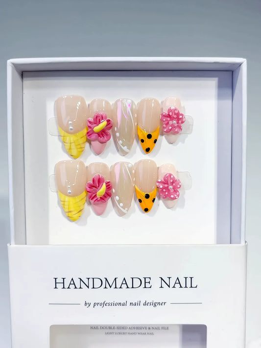 Medium Nude Yellow Almond Holographic Flower Dot Pattern