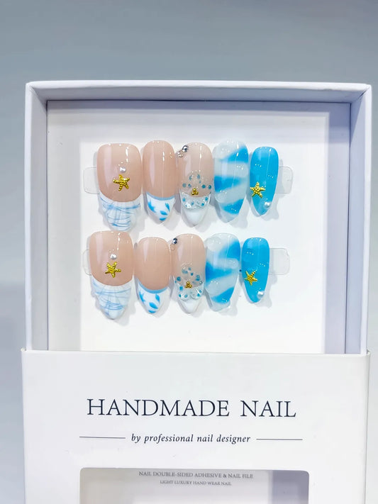 Medium Nude Blue Almond French tip Star Rhinestone