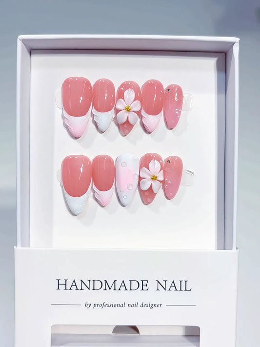 Medium Pink White Almond French tip Flower Shell