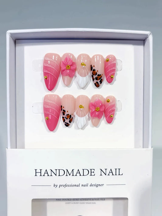 Medium Pink White Almond French tip Flower Animal Print