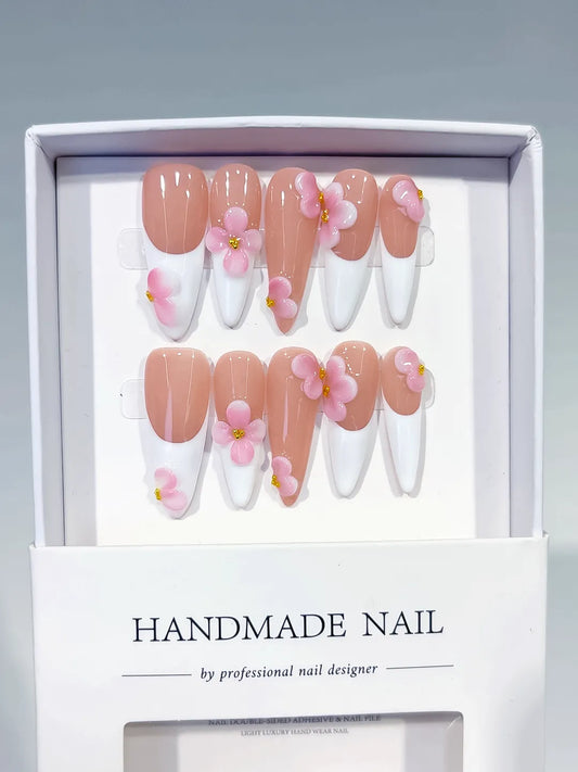 Long Nude White Stiletto French tip Flower