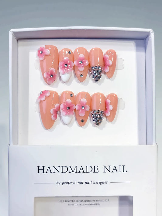 Medium Nude Pink Almond French tip Flower Rhinestone