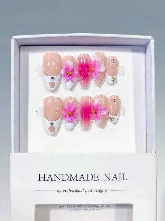 Medium Nude Pink Almond French tip Flower Rhinestone