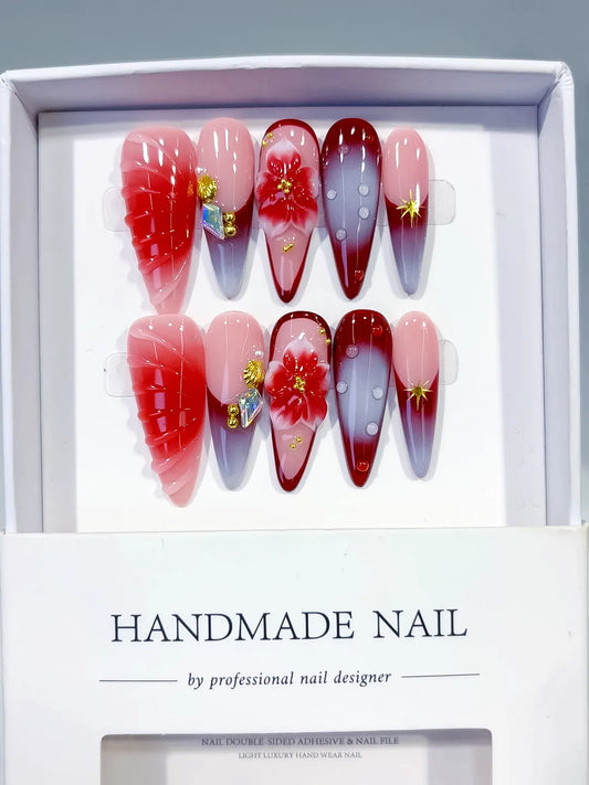 Long Pink Red Almond Ombre Flower Shell