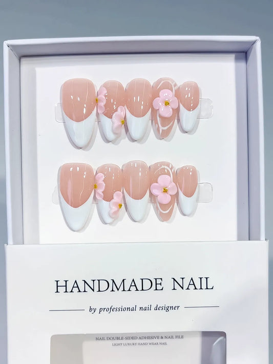 Medium Nude White Almond French tip Flower