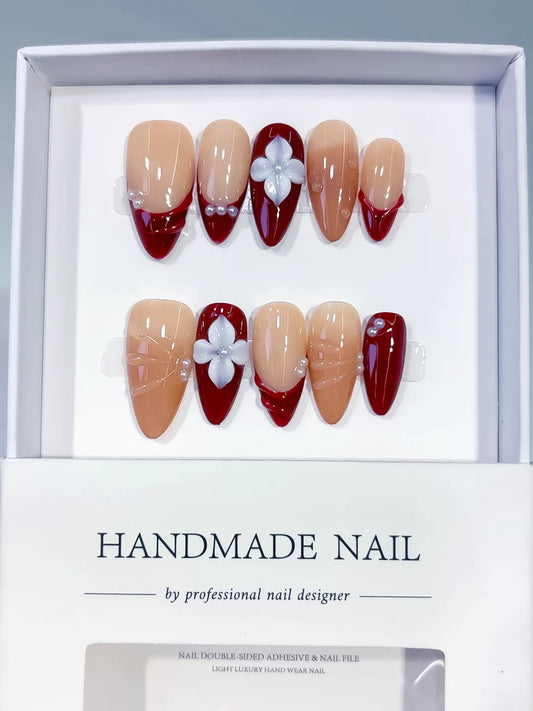 Medium Nude Red Almond French tip Flower Shell