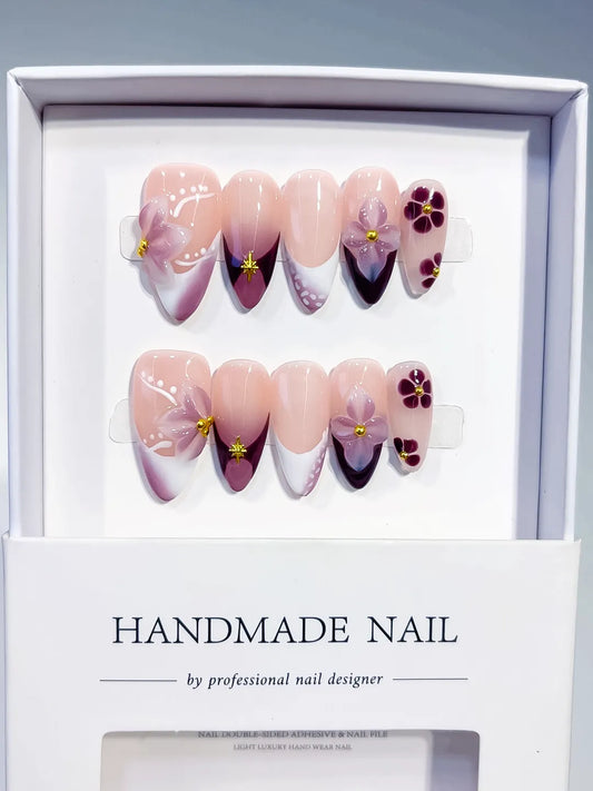 Medium Nude Purple Almond French tip Flower
