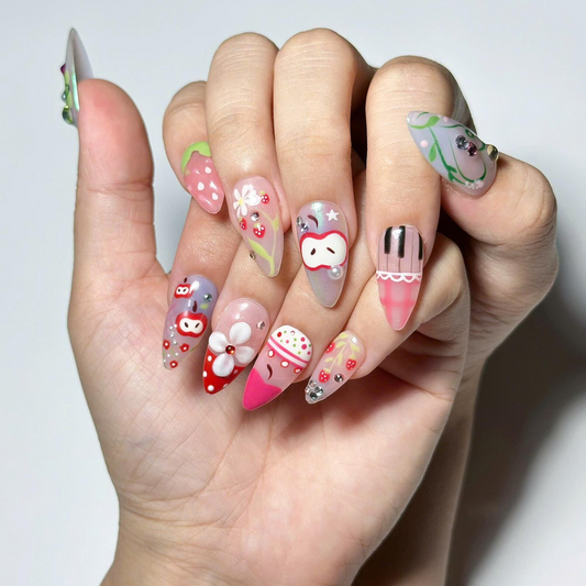 Fruit Aesthetic Press On Nails, Strawberry Apple Nails, Kawaii Press On Nails, Cute