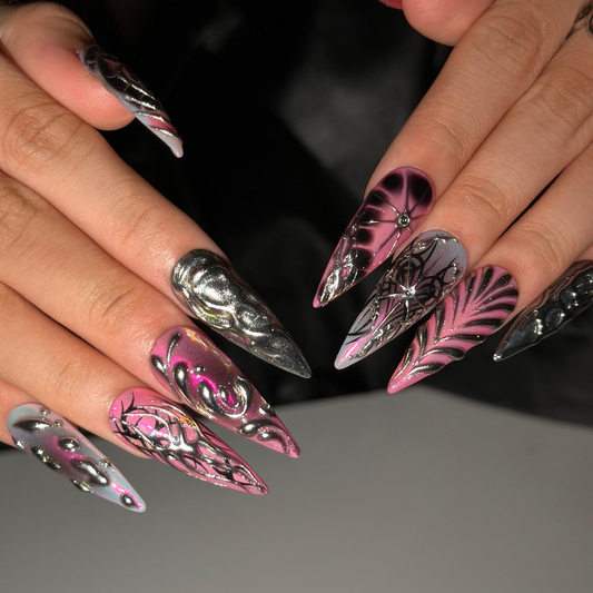 Gothic Press On Nails with Pink Chrome , 3D Spider Web Nails , Dark Glam Stiletto Nails