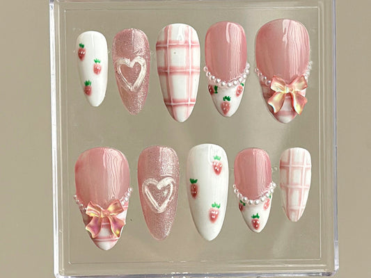 Dreamy Pink Press On Nails, Nail Set With Strawberry Design, Cute Bow and Heart Nail