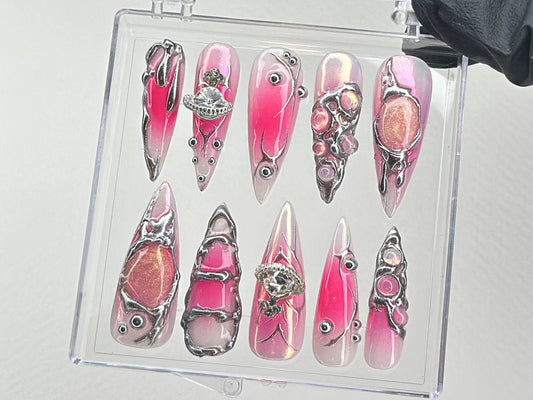 Y2k Pink Press On Nails, Custom Design Nail Art, Fake Nails for Birthday, Ombre Pink