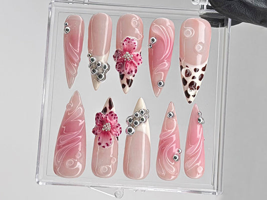 Leopard French tips Press On Nails, 3D Flowers with Rhinestones Acrylic Nails, Stunning