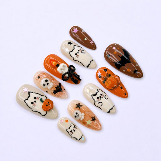 Halloween Press On Nails with Cute Ghost Cat , 3D Pumpkin Nail Art , Handmade Fall Nails